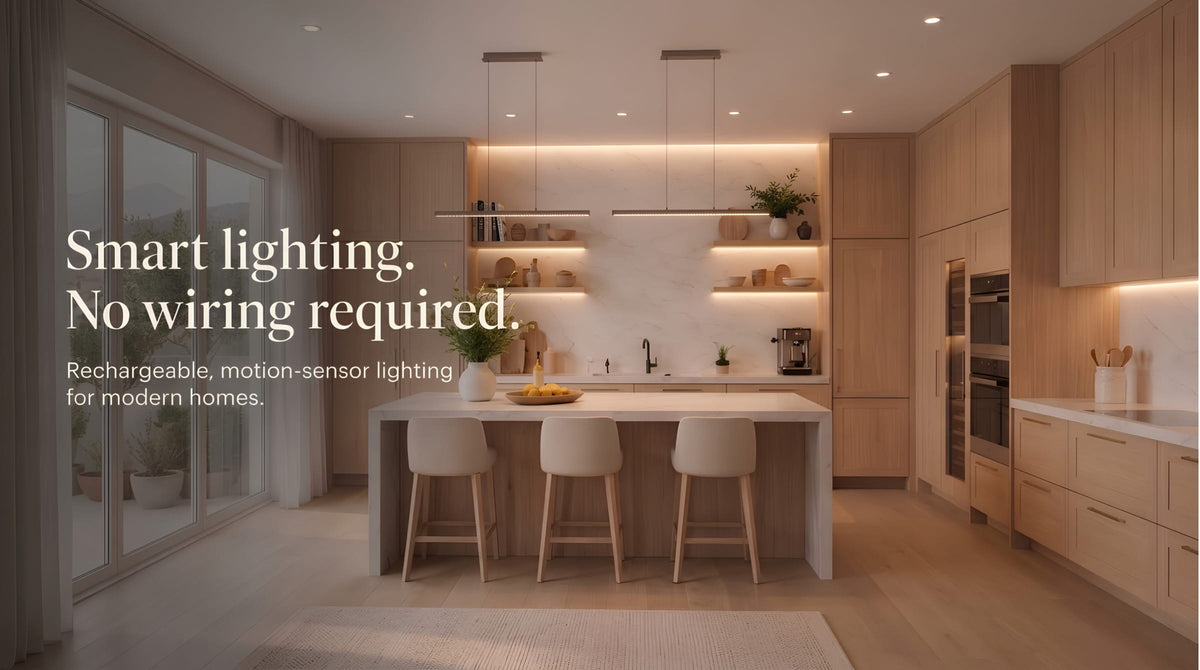 A modern kitchen interior with light wood cabinetry, a central island, three bar stools, and smart lighting. Large text on the left reads, 'Smart lighting.