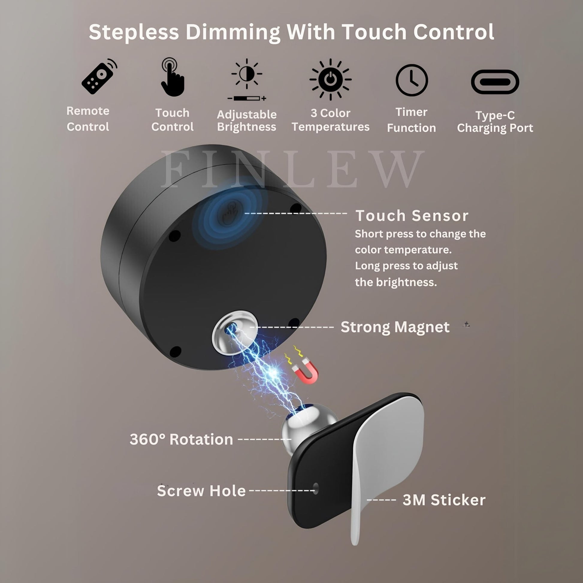 Stepless Dimming With Touch Control Light Black Finlew