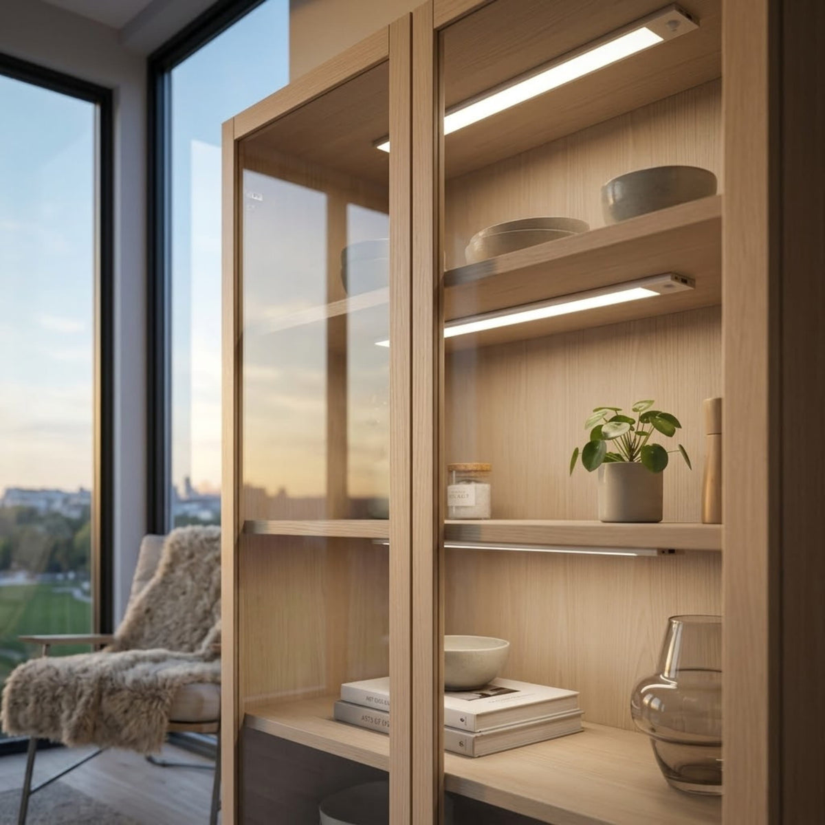 A tall light wood display cabinet with glass doors and built-in LED lighting, styled with books, bowls, a small plant, and a glass vessel in a modern room with large windows.